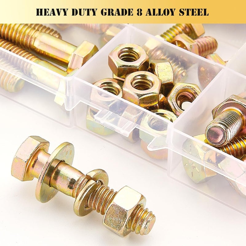ZTF SAE Grade 8 Bolts and Nuts Assortment Kit, Heavy Duty Hex Cap Screw & Bolt Assortment Sets 12 Common Sizes, 1/4-20 5/16-18 3/8-16 Assorted Nuts Bolts Washers, 42 Sets, 3/4" to 1-1/2" Length - Image 2
